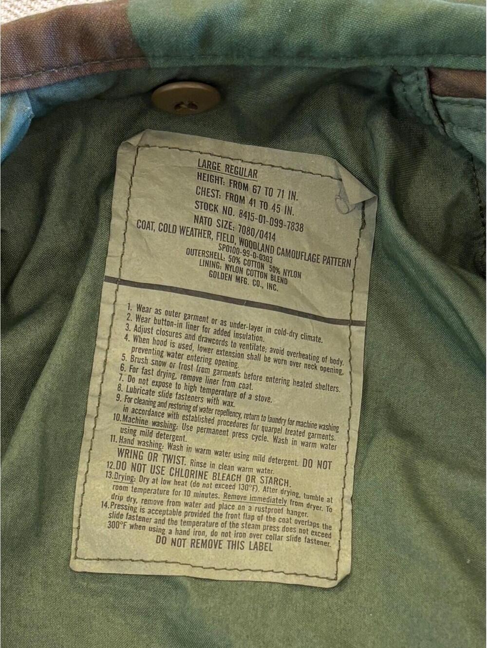 Vtg 1999 M-65 Field Jacket US Military Woodland Camo Large Regular Golden Mfg Co - Picture 8 of 12